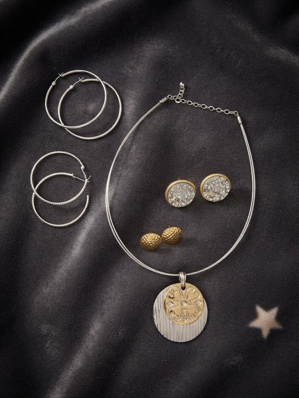 5-Piece Mixed Metal Jewelry Bundle - Two-Tone Pendant Necklace & Hoop/Stud CC